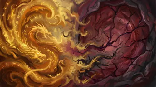 An abstract composition showing a boundary line between two realms. On one side, swirling supernatural energy in gold and amber -- runes, enchantment, draconic magic made visible. On the other side…