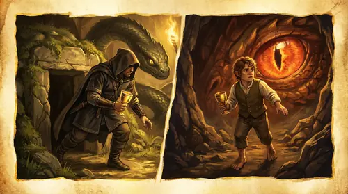 Split-frame composition echoing two parallel moments across centuries. On the left, the anonymous thief of Beowulf creeps from a barrow with a golden cup, the dragon stirring behind. On the right…