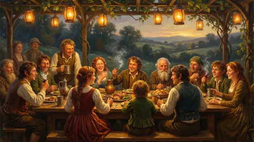 A warm evening scene in the Shire -- hobbits gathered around a long table outdoors under lantern light, sharing food, pipe-smoke curling upward, laughter suggested by open mouths and bright eyes. In…