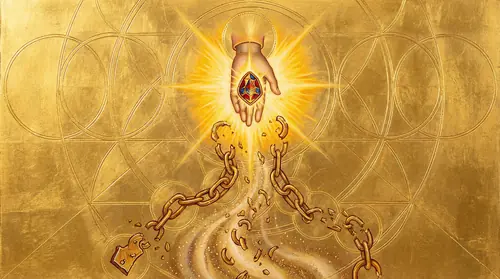 A devotional-style composition showing Bilbo\'s open hand releasing the Arkenstone, rendered with the luminous quality of a medieval altarpiece. Light radiates from the act of giving, not from the…