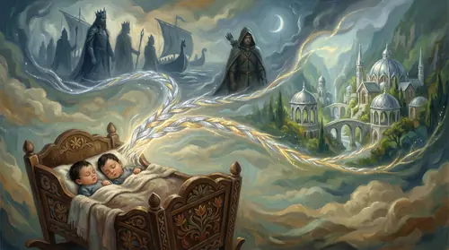 A glowing braid of light streams forward through time - on one strand the crowned silhouettes of Numenorean sea-kings descending into a hooded figure of Aragorn the Ranger; on the other the silver…