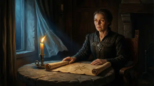 A grown Elwing sits at a candlelit table in a stone-walled chamber, an unrolled parchment letter spread before her, the Feanorian eight-pointed star sigil at its head. Her face is set, jaw tight…