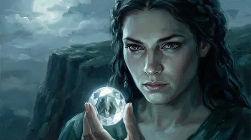 Close-up of Elwing\'s face in the instant of decision on the cliff edge, the Silmaril\'s white light underlighting her features. Her eyes are not afraid - they are calculating, fierce, the eyes of a…