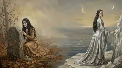 A diptych of two women across time - on one side Lúthien Tinúviel, dark-haired and luminous, kneels mortal at Beren\'s grave with autumn leaves around her; on the other side Elwing stands on the shore…