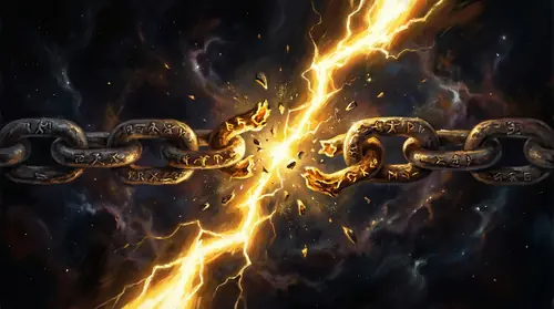 An abstract rendering of cause and effect as a chain -- iron links stretching into darkness -- suddenly shattered by a bolt of radiant energy that enters from outside the frame. The broken chain…