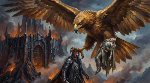 Thorondor, King of Eagles, bearing the broken body of Fingolfin from the gates of Angband, his talons scarring Morgoth\'s iron crown as he passes. The scale is colossal -- the Eagle\'s wingspan wider…