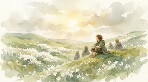The Field of Cormallen in full spring bloom -- green grass, white flowers, sunlight after endless darkness. Sam sits among the healed and the living, Gandalf\'s laughter still ringing in his ears. The…