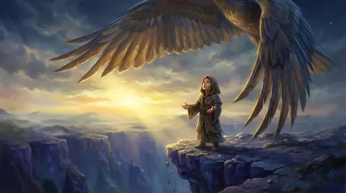 A lone figure standing at the edge of a dark cliff, looking up as enormous Eagle wings descend from the heights, catching the first rays of a dawn that should not have come. The tears on the figure\'s…