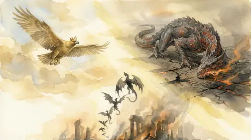 A great Eagle of Manwe soars through golden sunlight on the left side of the frame, wings spread magnificently against a blue sky. On the right, Glaurung crawls across a blasted plain, wingless and…