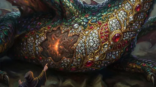 Close-up of Smaug\'s underside as the dragon rolls over in arrogant display, his belly encrusted with diamonds, rubies, and gold pressed into his scales like living armor. But there -- on his left…