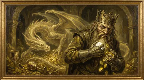 Thorin Oakenshield stands alone in Erebor\'s treasure hall, wearing a crown too large and clutching the Arkenstone to his chest. His face, once noble, is twisted with paranoid greed -- eyes wide, jaw…