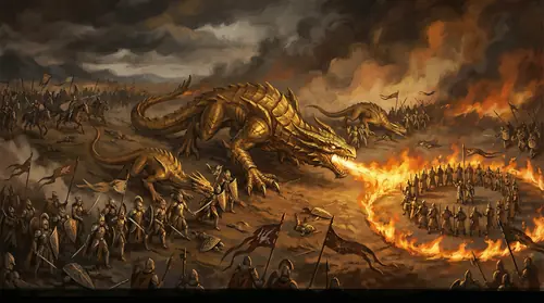 The Battle of Unnumbered Tears rages across a vast plain. Glaurung advances at the center, flanked by a brood of smaller dragons -- his offspring -- each one breathing fire and driving wedges through…