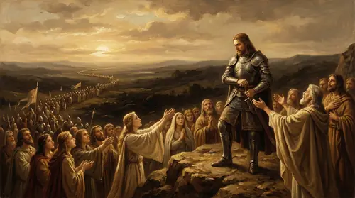 Fingolfin surrounded by his people who look to him with trust and hope, their hands reaching toward him. He stands torn, looking toward the horizon where Fëanor\'s host is already departing. His…
