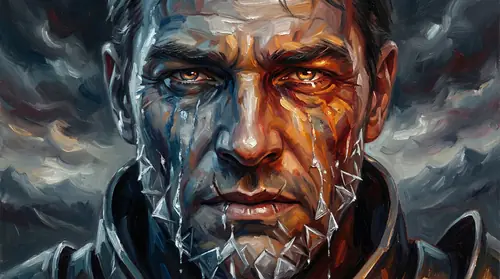 Close-up of Fingolfin\'s face as despair transforms into something else - tears of grief turning to eyes blazing with fury and resolve. The moment of crystallization when despair becomes defiance…