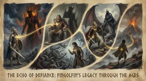 Fingolfin\'s legacy echoing through time - images of later heroes inspired by his example: Húrin defying Morgoth, Beren facing impossible odds, Éowyn confronting the Witch-king, Frodo carrying the…