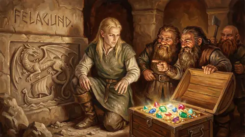 Finrod conferring with Dwarf craftsmen in the emerging halls of Nargothrond. The Dwarves are stocky and bearded, their faces showing genuine respect and even affection for the Elf-lord who works…