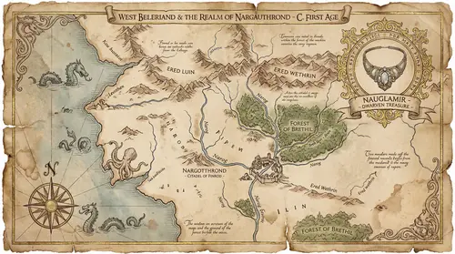 A map of West Beleriand rendered in the style of medieval cartography, showing Finrod\'s realm stretching from coast to forest. Nargothrond is marked at the center, with rivers and borders clearly…