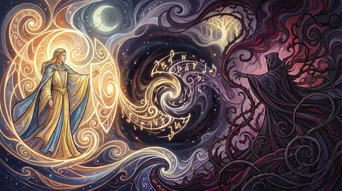 The Song of Power visualized - Finrod and Sauron facing each other across a dark space, their voices made visible as interweaving streams of light and shadow. Sauron\'s song appears as dark tendrils…