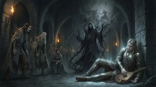 The moment of defeat. Finrod collapses, his song broken, the orc-disguises dissolving from him and his companions to reveal their true Elven forms. Sauron stands triumphant, his dark song still…