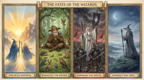 A visual journey showing the fates of the wizards: the Blue Wizards walking into sunrise over eastern mountains, never to return. Radagast sitting contentedly among hedgehogs and rabbits, his mission…