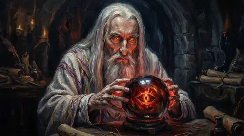 Saruman gazes into the Palantir, Sauron\'s eye reflected in its depths - and in his own eyes. His white robes have begun to show threads of many colors. The transformation is subtle but clear: the…