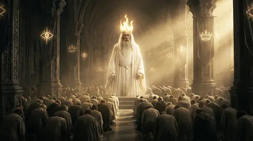 A nightmare vision of Gandalf as Ring-Lord - crowned in fire, terrible and beautiful, commanding legions not of orcs but of devoted followers who serve his perfect wisdom. His face is kind but…