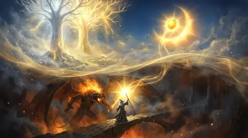 The Sun rises over Valinor in a vision - Laurelin\'s last fruit ascending to become the vessel of light for the world. Below, Gandalf channels this same sacred light against the Balrog\'s corruption…