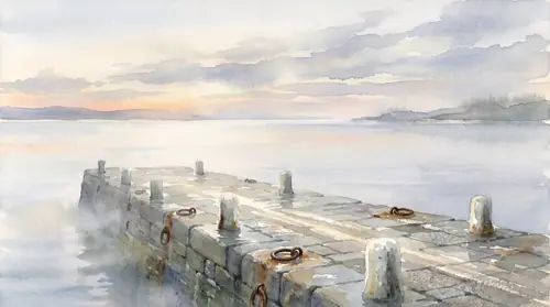 The Gulf of Lune from the Elvish shore at the end of a clear day, and nothing whatever on it: no sail, no smoke, no wake, the western horizon perfectly clean. In the near foreground the stone jetty…