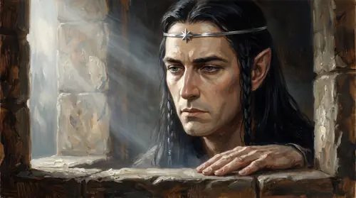 Gil-galad\'s face filling the frame in a window-embrasure above that gate, looking down and to the left - and there is no recognition in it, no anger, nothing dramatic whatever: the flat, tired look…