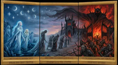 A horrifying transformation sequence: beautiful Elves awakening by starlit waters of Cuivienen on the left, then dragged in chains toward the iron fortress of Utumno, finally emerging as twisted orcs…