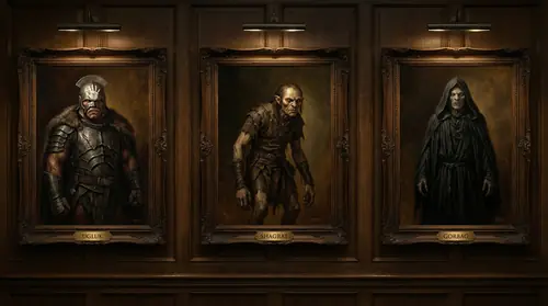 Portrait gallery of Uruk commanders: Ugluk with his White Hand insignia, commanding and brutal; Shagrat with his long arms and cunning eyes; each shown with their distinct equipment and bearing. Name…