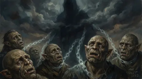 Close-up on orc faces showing not rage but anguish - hatred directed inward and upward toward a looming shadow of Morgoth. Their eyes contain fear and loathing for their master. The "vilest deed"…