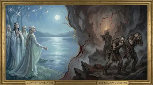 A before-and-after image of tragic beauty: Elves awakening by starlit Cuivienen, peaceful and innocent, transforming across the image into the twisted orcs they would become. Or Men walking under the…