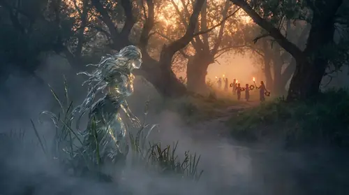 A shadowy feminine figure of water and reeds at the river\'s edge, half-visible in mist and flowing water, watching as a distant wedding procession moves away through the forest