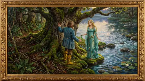 Tom and Goldberry standing together at the boundary between forest and river, his hand on ancient tree bark, hers trailing in flowing water, the landscape split between earth and water meeting in…