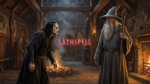 Close-up of Grima\'s mouth as he speaks, the word \'Lathspell\' forming visibly in the air between him and Gandalf. Old English runes float around the word like a spell being cast. Gandalf stands…