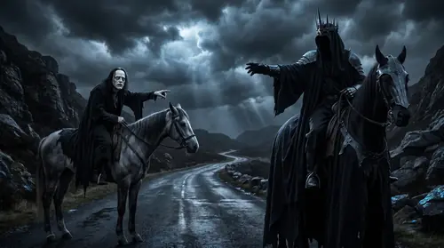 A dark road between Edoras and Isengard at night. Grima on horseback, cowering before the towering figure of the Witch-King on his black steed. The Nazgul\'s faceless hood looms over the trembling…