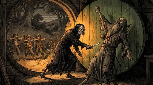 The climactic moment at Bag End\'s doorstep: Grima lunging at Saruman with a knife, the blade catching light as Saruman falls. Three hobbit archers loose arrows in the background. Violence erupts in…