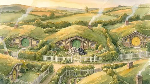 Wide shot of Bag End after the violence, the two bodies on the doorstep of the most ordinary home in Tolkien\'s mythology. The Shire stretches green and peaceful around them -- rolling hills, garden…