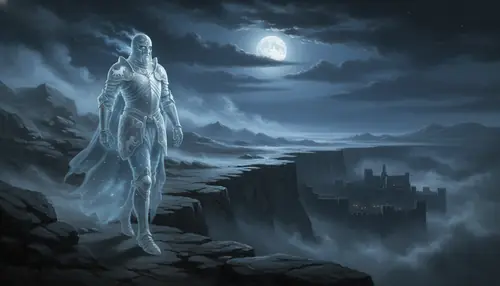 Ghostly image of Helm as a wraith warrior walking the cliffs of Helm\'s Deep in moonlight, protecting Rohan even after death, ethereal atmospheric fantasy art