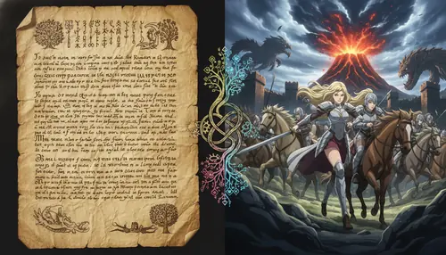 Split composition showing an ancient manuscript page on one side and a vibrant anime scene on the other, representing the dialogue between Tolkien\'s text and modern adaptation, symbolic artistic…