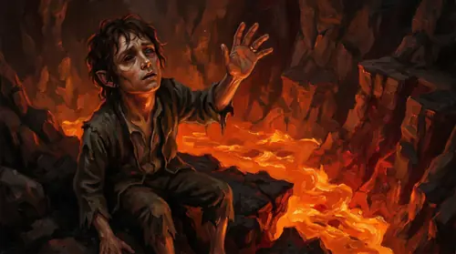 Frodo at the Cracks of Doom, seen from slightly below — hollow-eyed, emaciated, his small hand held up with the Ring now on his finger. But his expression carries not triumph, not villainy, but the…