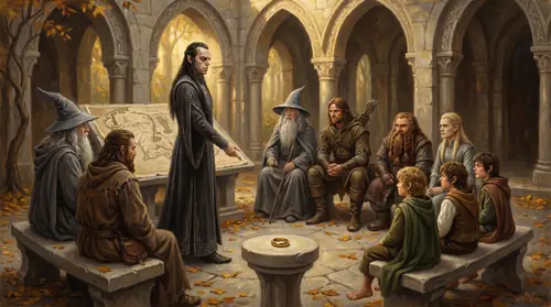 The Council of Elrond at Rivendell in circular composition: Elrond in grave profile at the stone dais, surrounded by the seated Fellowship and elders, a low stone pedestal at center with the One Ring…