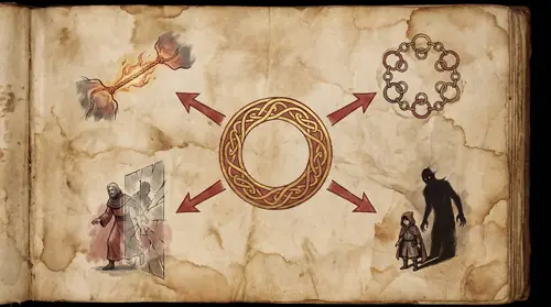 A final summary diagram of the Ring, rendered in elegant manuscript style: the One Ring at center, four clean annotated arrows running outward — labeled bond, network, displacement, amplification —…