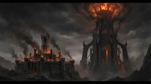 Side-by-side comparison of Isengard and Barad-dur, rendered to devastating effect. Saruman\'s fortress appears small and derivative beside Sauron\'s vast dark tower -- a child\'s model next to the…