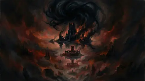 Cascading visual showing the chain of derivative evil -- at the top, a suggestion of Morgoth\'s original darkness, vast and formless. Below, Sauron\'s Barad-dur, a lesser copy. Below that, Saruman\'s…
