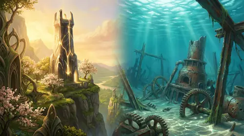 Symbolic split composition -- on one side, Orthanc standing untouched, its stone gleaming in morning light, craft aligned with the natural world enduring as it always has. On the other, the shattered…