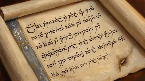 Close detail of the scroll itself filling the frame at an angle, lit by candlelight. The parchment is fine, formal Numenorean Tengwar in iron-gall ink, with margins of restrained illumination — a…