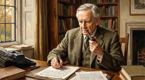 Late-1960s Oxford study scene. J.R.R. Tolkien — clean-shaven, silver-white hair, weathered lined face, tweed jacket and waistcoat, pipe in hand — sits at a paper-cluttered desk by a tall window…