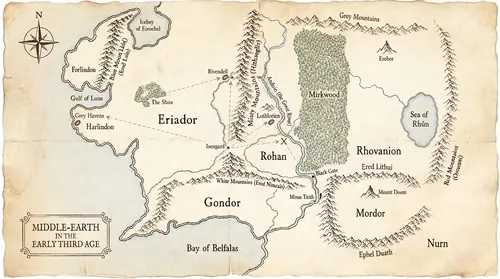 A symbolic map plate. Map of north-western Middle-earth in the early Third Age in parchment-and-ink style: the Anduin valley, the Gladden Fields marked, with three faint compass-arrows radiating…